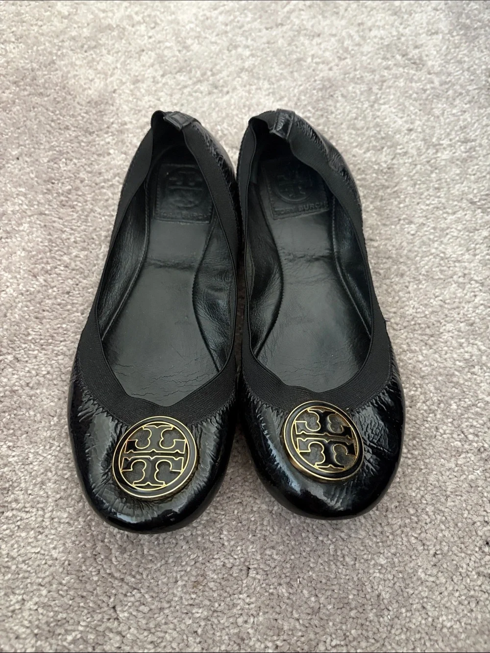 Tory Burch Black Patent Leather Logo Round-Toe Ballet Flats